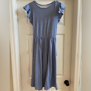 Women's flutter sleeve blue polka dot dress with pockets